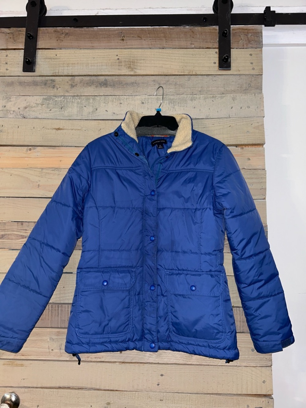 Lands' End Blue Puffer Jacket with sherpa collar